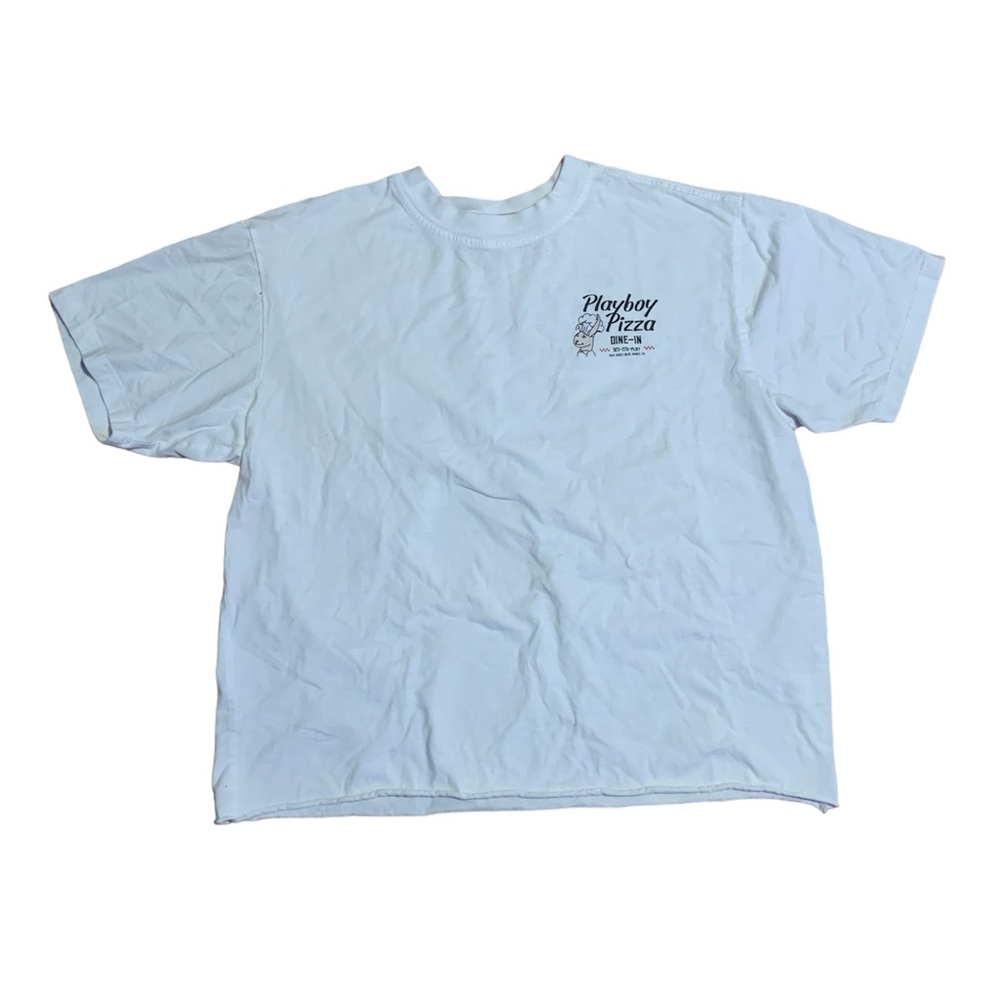 White Playboy Graphic Shirt - Size Medium Cropped to 23.5 Inches Length